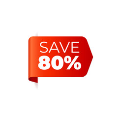 Red Vector Banner Ribbon on white background, left bookmark, save 80 percent