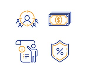 Fototapeta premium Manual doc, Payment and Business targeting icons simple set. Loan percent sign. Project info, Finance, People and target aim. Protection shield. Business set. Linear manual doc icon. Vector