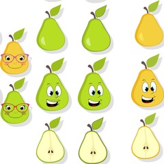 Pear seamless pattern with drop shadow. Cartoon pears with spectacles and freckles over white background