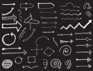 Vector abstract white hand drawn arrows and pointers set on black background. Cartoon sign, symbol. Modern doodle arrow.