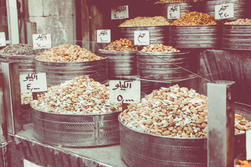 Spices on the market in Amman downtown, Jordan. Choice of Arabic spices on the Middle East bazaar.