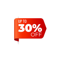 Red Vector Banner Ribbon on white background, left bookmark, up to 30 percent off