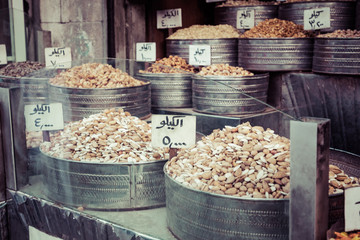 Spices on the market in Amman downtown, Jordan. Choice of Arabic spices on the Middle East bazaar.