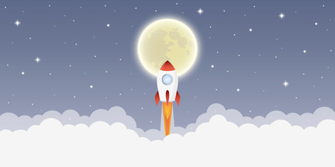 rocket launch into space to the moon in starry sky vector illustration EPS10