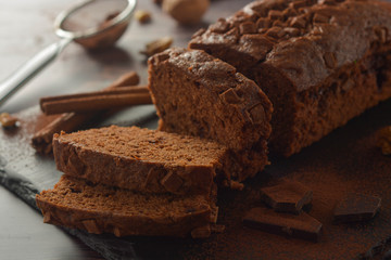 Delicious vegan chocolate cake. Chocolate pound cake or sponge cake. Dessert.