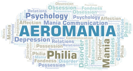 Aeromania word cloud. Type of mania, made with text only.