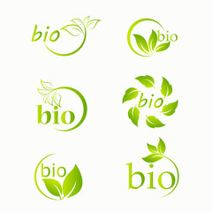 Bio Product, doodle organic leaves emblems, stickers, frames and logo