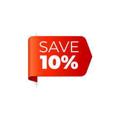Red Vector Banner Ribbon on white background, left bookmark, save 10 percent