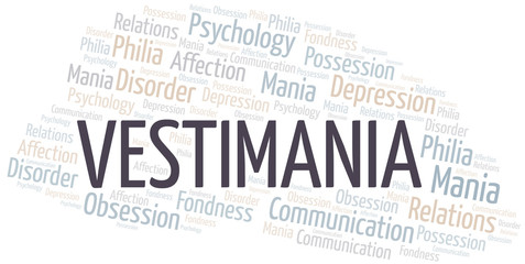 Vestimania word cloud. Type of mania, made with text only.