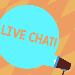 Text sign showing Live Chat. Business photo showcasing Real time media conversation Online communicate Blank Round Color Speech Bubble Coming Out of Megaphone for Announcement