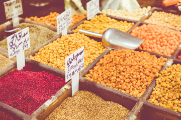 Spices on the market in Amman downtown, Jordan. Choice of Arabic spices on the Middle East bazaar.