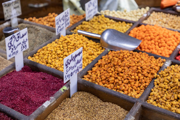 Spices on the market in Amman downtown, Jordan. Choice of Arabic spices on the Middle East bazaar.