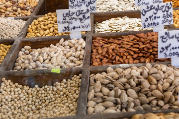 Nuts on the market in Amman downtown, Jordan. Choice of Arabic spices on the Middle East bazaar.