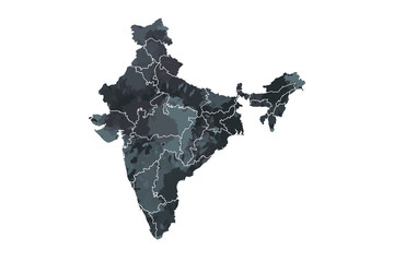 India watercolor map vector illustration in black color with different regions or divisions on white background using paint brush on page