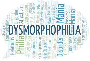 Obraz premium Dysmorphophilia word cloud. Type of Philia.
