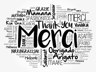 Merci (Thank You in French) word cloud in different languages