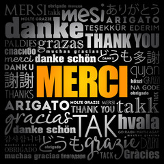 Naklejka na ściany i meble Merci (Thank You in French) word cloud in different languages