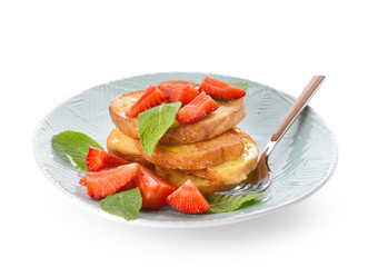 Plate with tasty French toasts and strawberry on white background