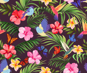 Seamless pattern with tropical plants, birds and butterflies