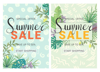 Summer Sale. Banners with tropical leaves