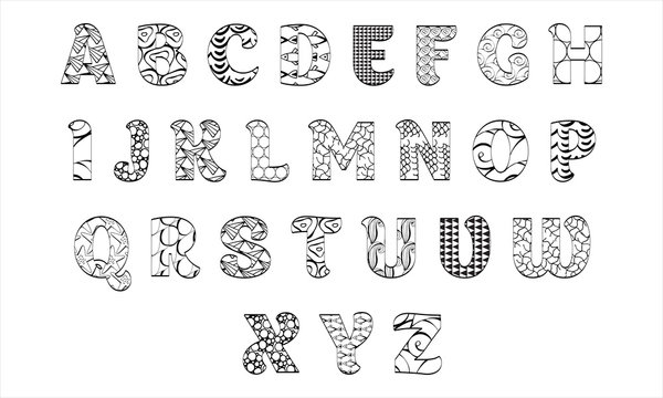 The letters of the English alphabet set in the style of zentangle art. Coloring. Black and white vector objects on isolated background. Children, marine style.vector pattern alphabet letter set.