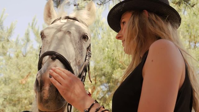 Young model pretty girl in black dress enjoy stroke a farm animal horse