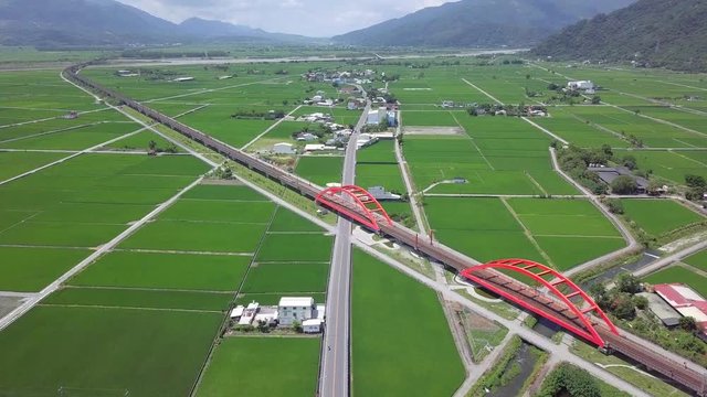 Aerial view of red steel arch bridge, Yuli, Hualian, Taiwan