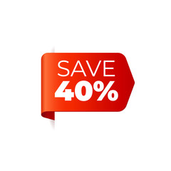Red Vector Banner Ribbon on white background, left bookmark, save 40 percent