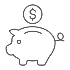 Piggy bank thin line icon, finance and banking, investment sign, vector graphics, a linear pattern on a white background.