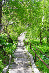 Russia, Vladivostok, stairs from the upper station of the funicular to the lower station in spring