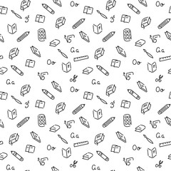 Doodle seamless pattern school writing supplies, books, pencils . Line vector art hand drawn. Suitable for fabrics, wrapping paper, notebook covers, Wallpaper, covers . Vector illustration.