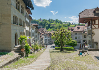 Fototapeta na wymiar view of the historic Swiss city of Fribourg with its old town and famous chapel on the hill