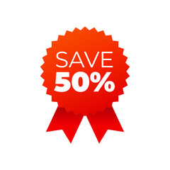 Red award medals symbol on white background, save 50 percent