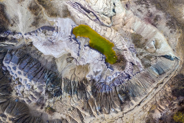 Aerial shot of opencast mine lake