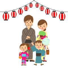 夏祭り　浴衣　親子　提灯