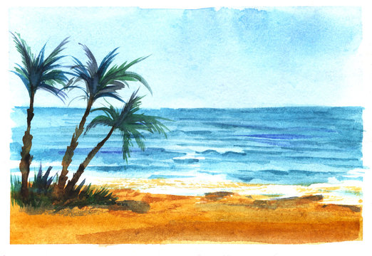Tropical sea coast. Azure sea, blue sky. Bright sand. Three dark silhouettes of a palm tree. 