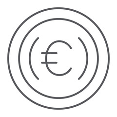 Euro coin thin line icon, cash and money, euro cent sign, vector graphics, a linear pattern on a white background.