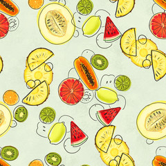 Hand drawn seamless pattern with bananas, lime, lemon, pineapple slice papaya and grapefruit.