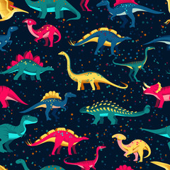 Colorful cute dinosaurs on black background. Vector seamless pattern. Fun textile cartoon kids print design © Qualit Design