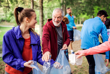 Group of fit people picking up litter in nature, a plogging concept.