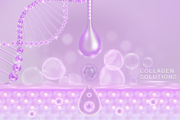Hyaluronic acid skin solutions ad, purple collagen serum drop with cosmetic advertising background ready to use, illustration vector.