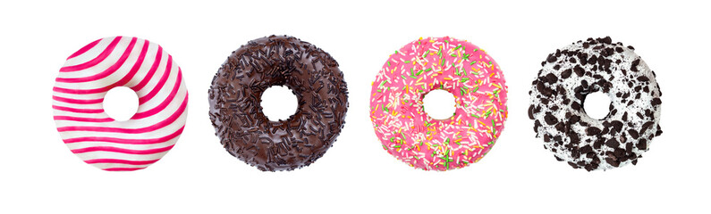 Donuts Set Isolated on White. Different type of donuts: with chocolate, pink with stripes, with...
