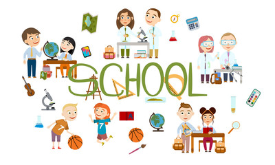 Fototapeta premium A set of boys and girls at school. Student in different lessons. Conducting experiments. Cute Vector Illustration