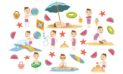 Obraz na płótnie Canvas Set boy with fashionable hair in swimsuits on the beach. Summer holidays. Beach rest, games and surfing. Vector illustration