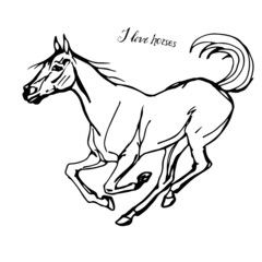 vector isolated image of prancing drawn heavy horses on white background and the inscription letteing 