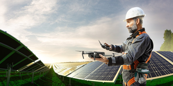 Solar energy engineer using drone for check station 