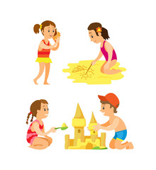 Friends sitting on beach and making castle, drawing on sand, girl putting seashell on hear. Set of summer activity, people isolated on white vector