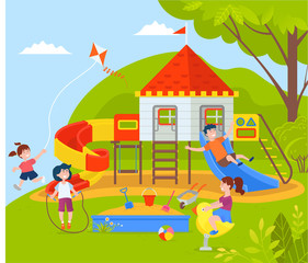 Playground filled with kids vector, park and nature with greenery and trees, boys and girls playing together, wooden construction castle with flag. Children play on park attraction