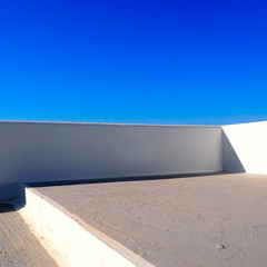 terrace of a house under the blue sky of the island of Mykonos (Greece) in the Cyclades in the heart of the Aegean Sea