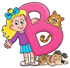 Girl and pets with letter B